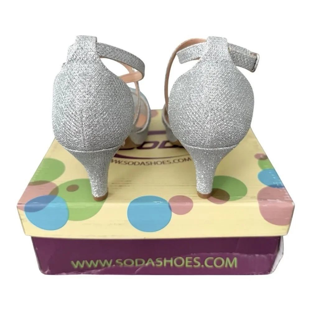 Soda Yuchi Silver Rhinestone Strappy Kitten Heels Girls Size 2